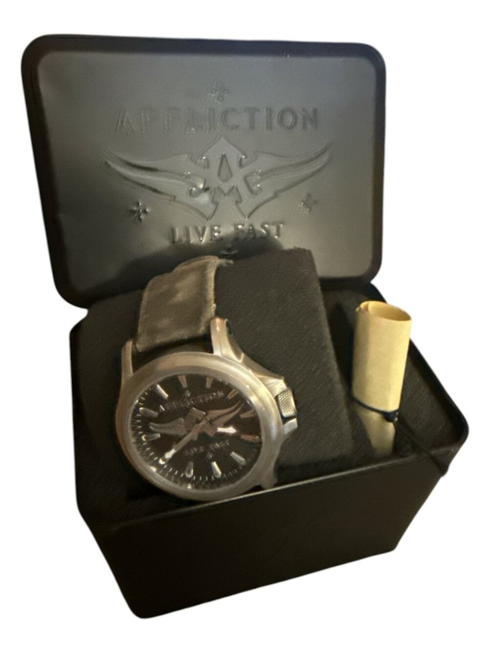 Affliction Men's Live Fast Canvas Black Dial Silver Face Watch Unisex